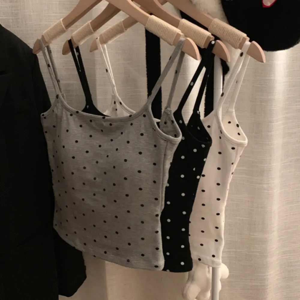 Hot Girl With Polka Dot Camisole Vest One Size With Chest Cushion Sweet Tops Elegant Slim Tank Tops Sexy Vest Y2k Beautiful Back