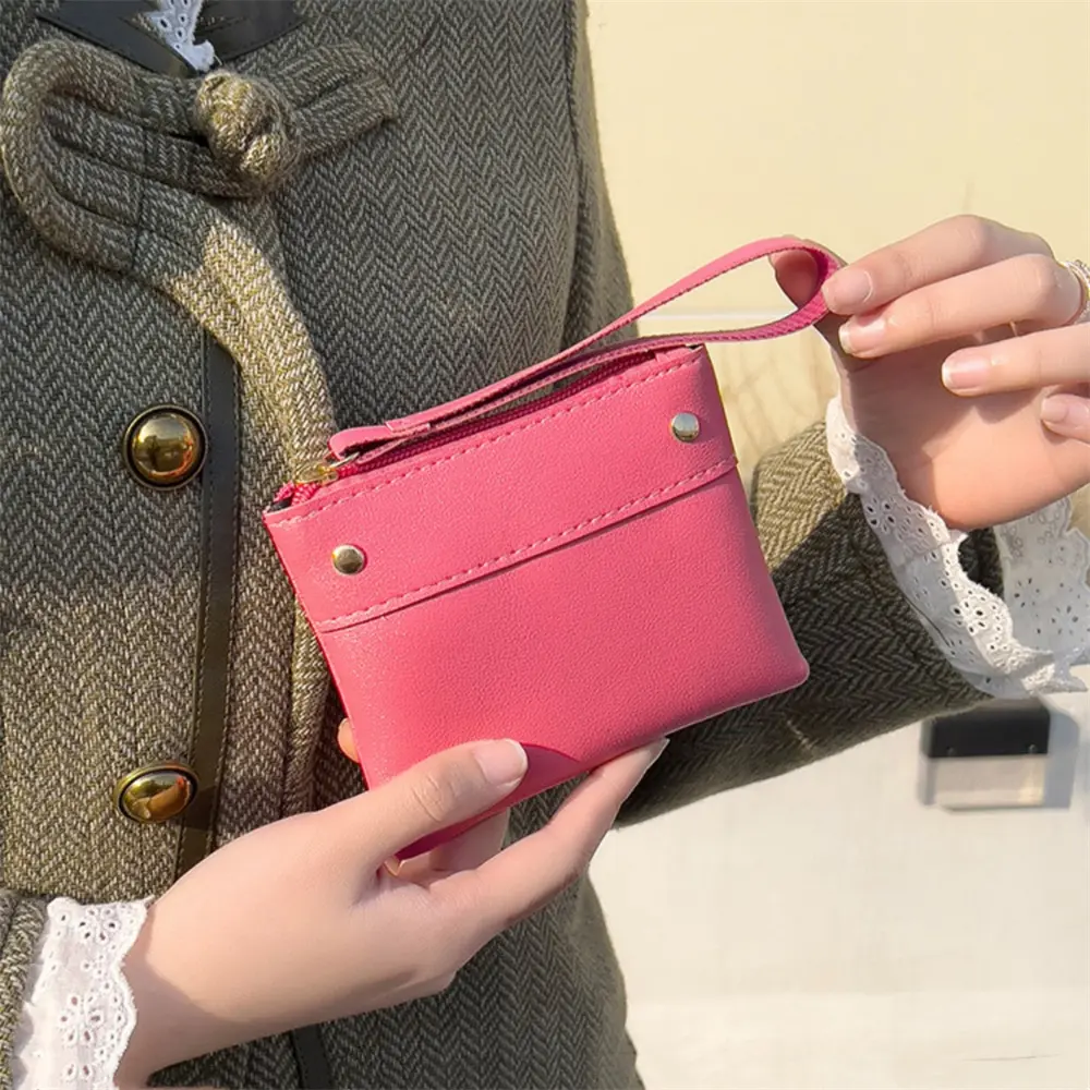 Women Short PU Leather Wallet Small Solid Color Coin Purses New Mini Key Pouch Fashion Credit Card Pouch with Wrist Strap