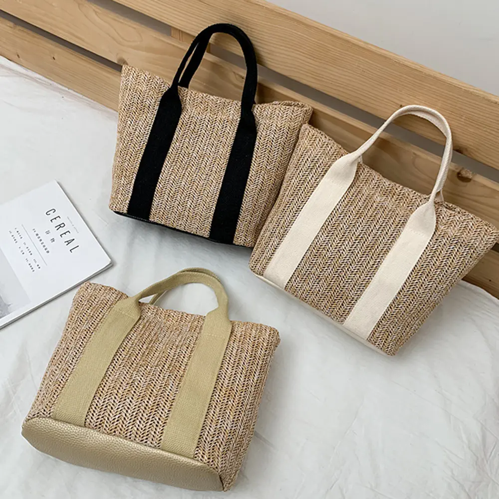 Women Boho Wicker Handbag Bag Tote Beach Straw Woven Summer Rattan Basket Bags Large Capacity Shopping Bag