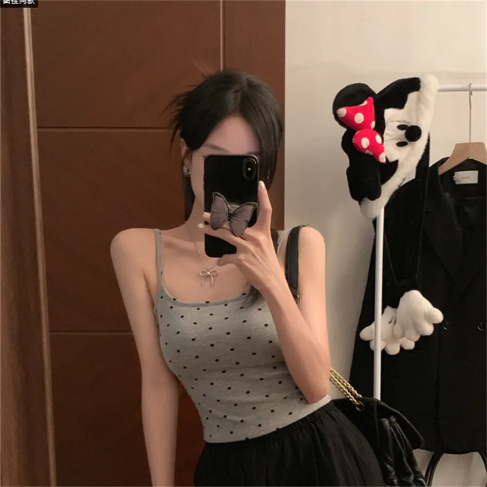 Hot Girl With Polka Dot Camisole Vest One Size With Chest Cushion Sweet Tops Elegant Slim Tank Tops Sexy Vest Y2k Beautiful Back