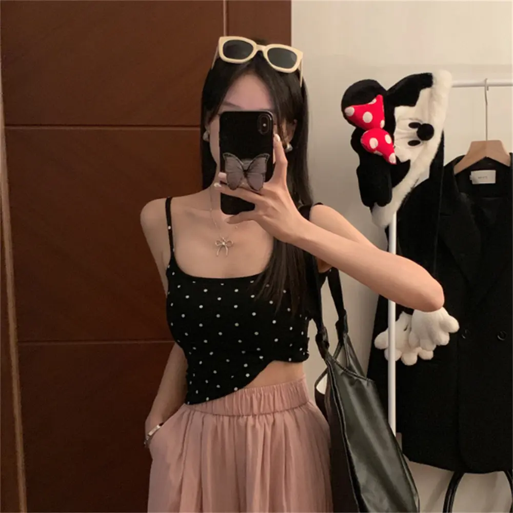 Hot Girl With Polka Dot Camisole Vest One Size With Chest Cushion Sweet Tops Elegant Slim Tank Tops Sexy Vest Y2k Beautiful Back