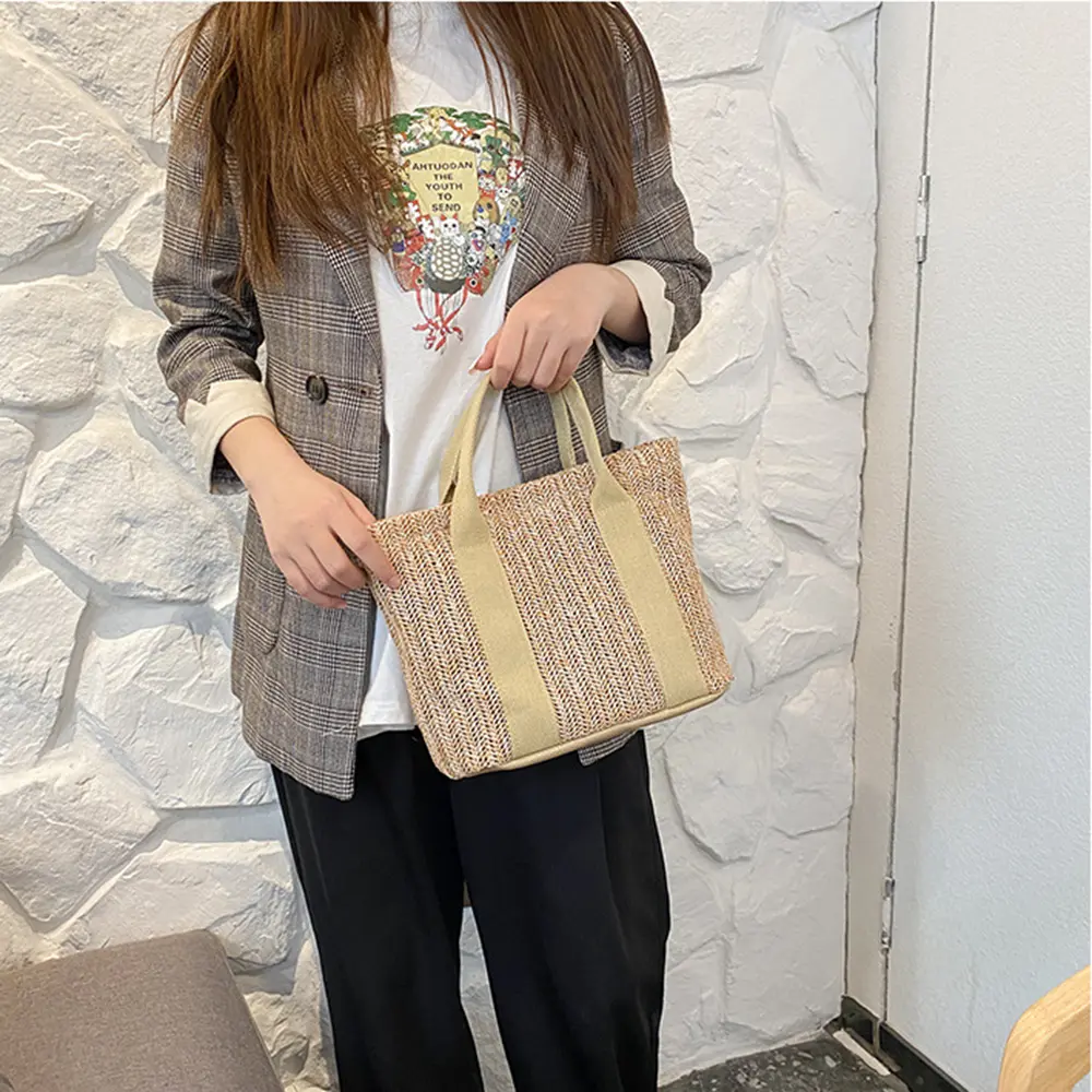 Women Boho Wicker Handbag Bag Tote Beach Straw Woven Summer Rattan Basket Bags Large Capacity Shopping Bag