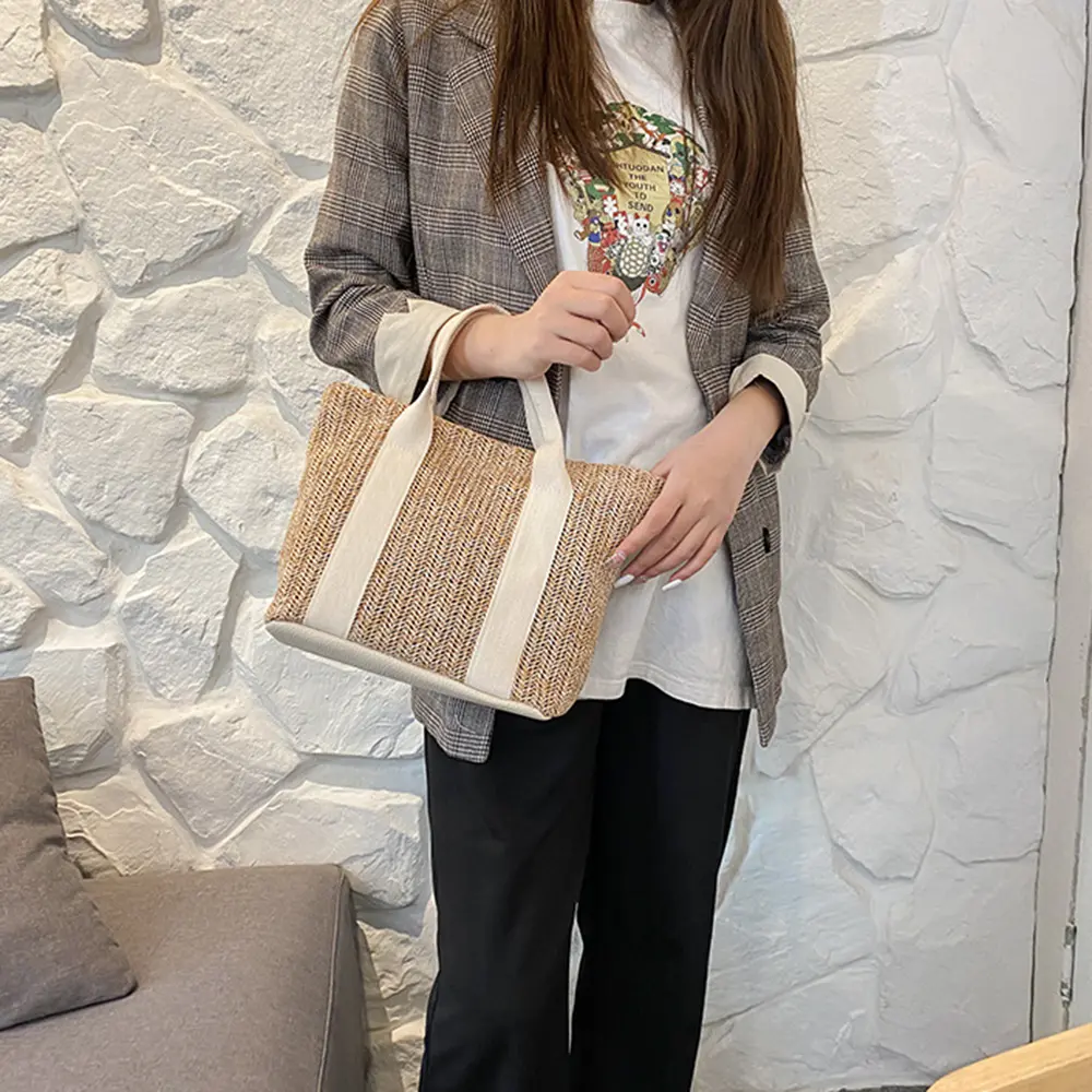 Women Boho Wicker Handbag Bag Tote Beach Straw Woven Summer Rattan Basket Bags Large Capacity Shopping Bag