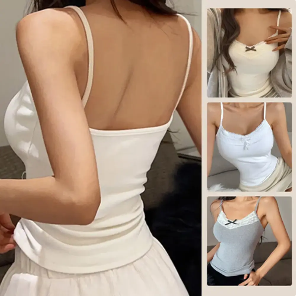 Sweet Tanks Women Bow Lace Off Shoulder Basic Knitted Crop Tank Top Female Preppy Style All-match Chic Camis Cute Ulzzang Teens