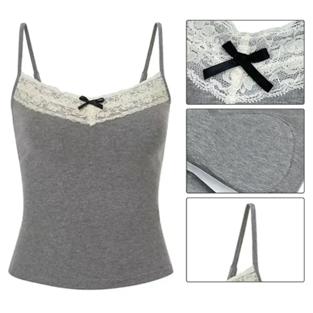 Sweet Tanks Women Bow Lace Off Shoulder Basic Knitted Crop Tank Top Female Preppy Style All-match Chic Camis Cute Ulzzang Teens