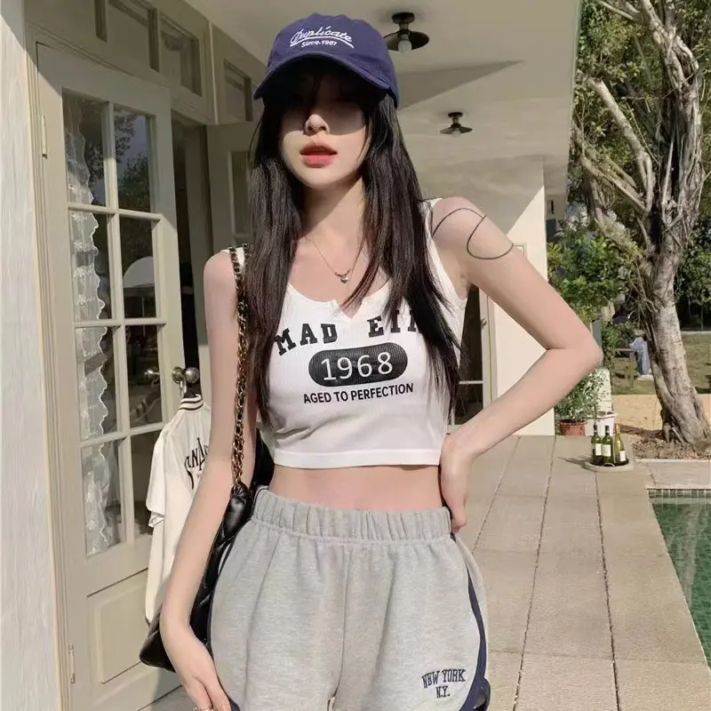 Sleeveless Casual Tank Camis For Women Spring Almighty Letter Print Femme Corset Crop Tops With Built In Bras Tanks Camisoles