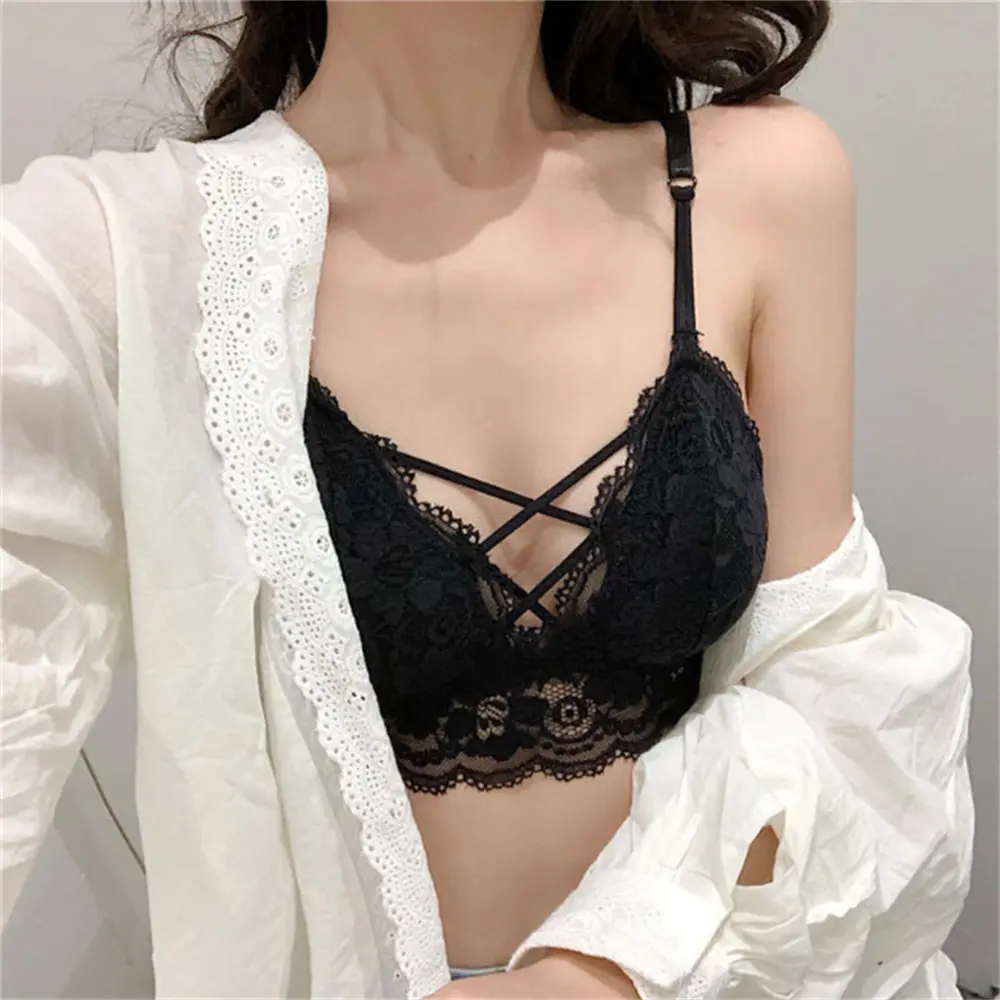 Sexy Lace No Steel Rim Bra Underwear Women'S Deep V Gathering Chest Wrapping Short Tank Top Small Strap