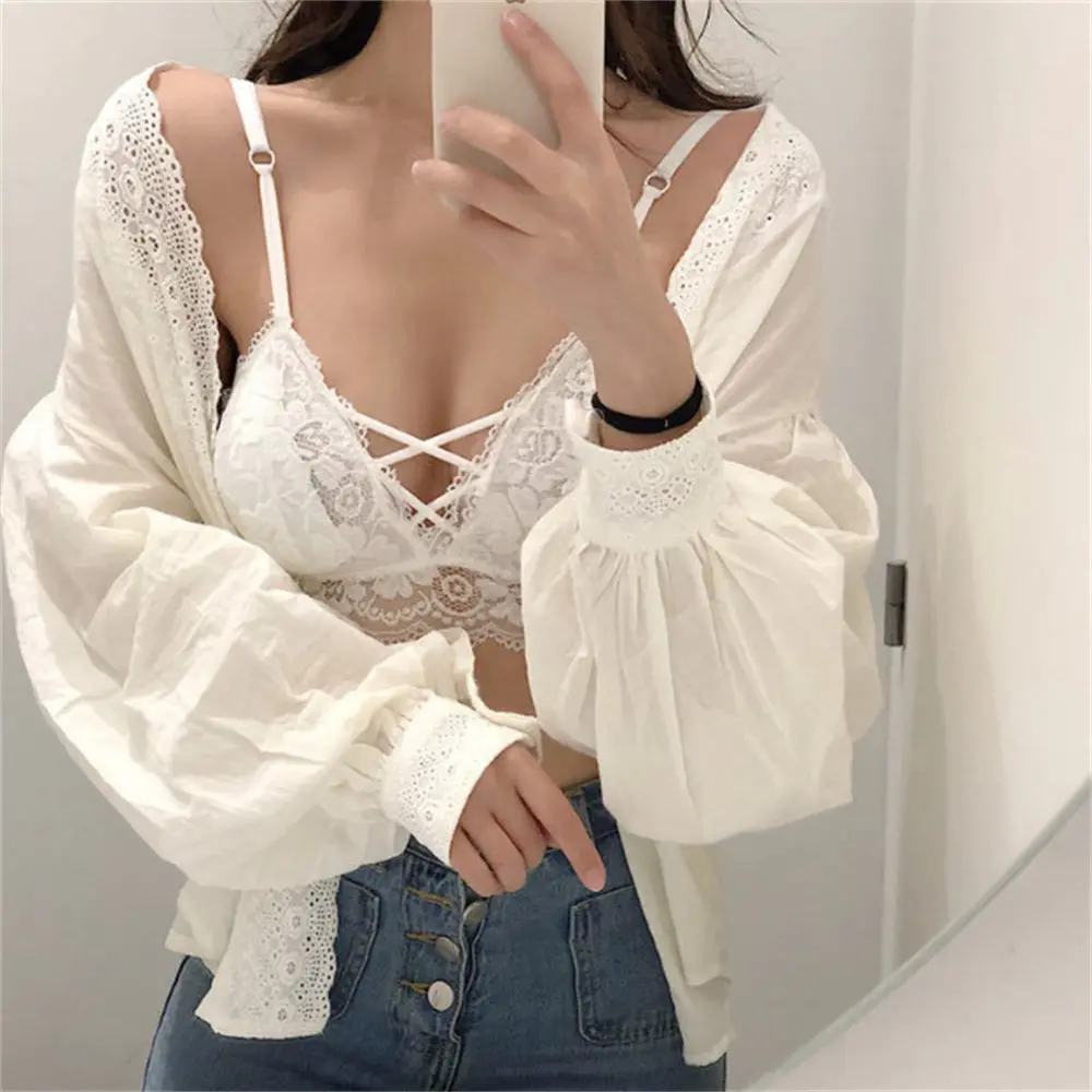Sexy Lace No Steel Rim Bra Underwear Women'S Deep V Gathering Chest Wrapping Short Tank Top Small Strap