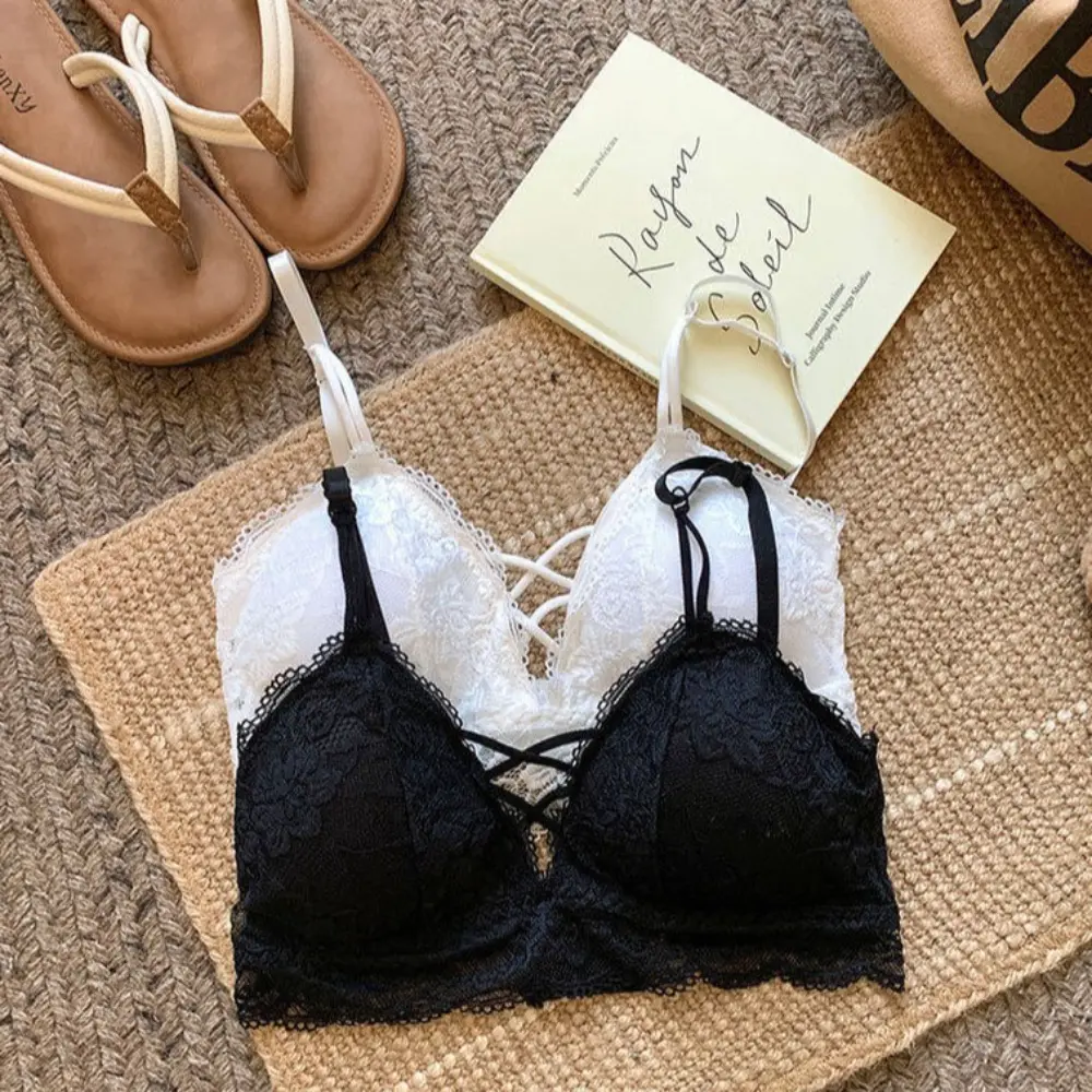 Sexy Lace No Steel Rim Bra Underwear Women'S Deep V Gathering Chest Wrapping Short Tank Top Small Strap