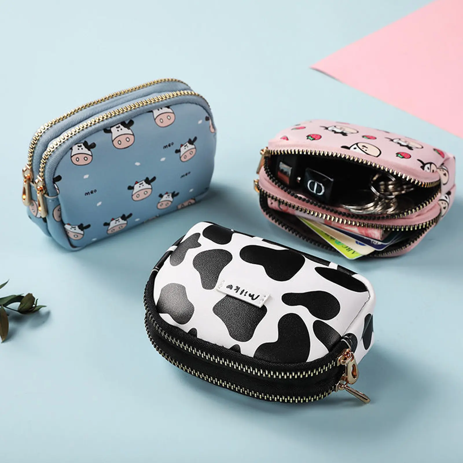 Cute Cow Pattern Coin Purse Women Student Card Holder Double Pocket Zipper Portable Key Bag Lipstick Bank Card Storage Bag