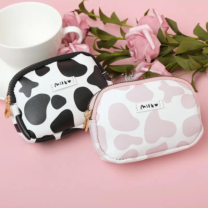 Cute Cow Pattern Coin Purse Women Student Card Holder Double Pocket Zipper Portable Key Bag Lipstick Bank Card Storage Bag