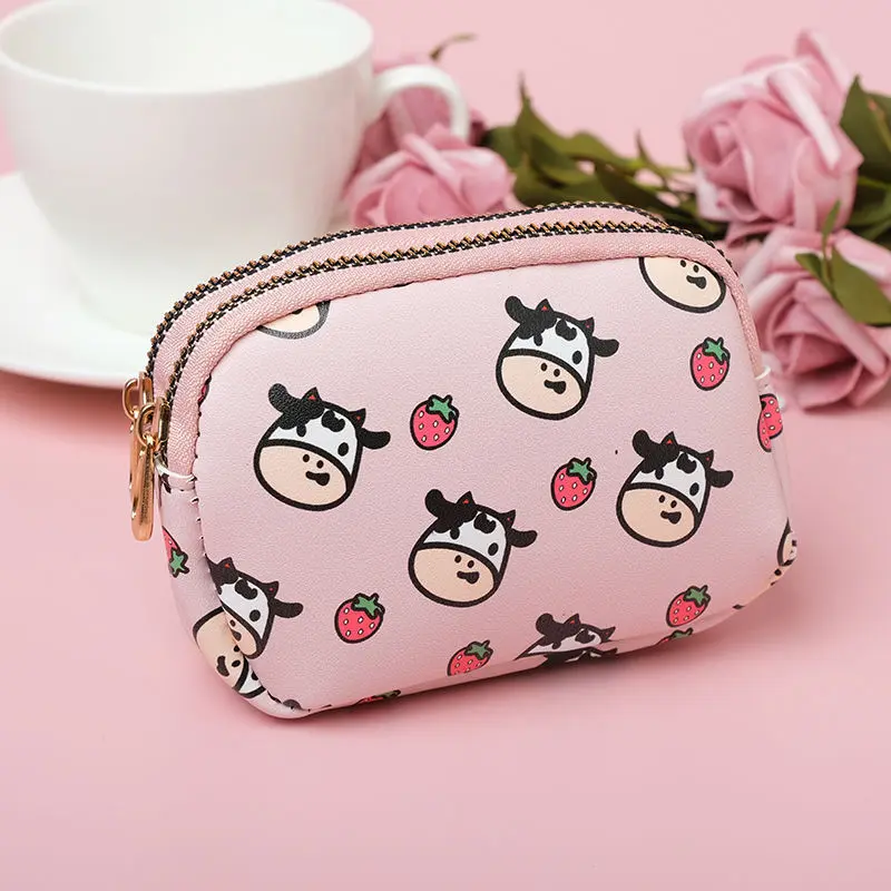 Cute Cow Pattern Coin Purse Women Student Card Holder Double Pocket Zipper Portable Key Bag Lipstick Bank Card Storage Bag