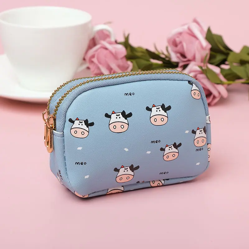 Cute Cow Pattern Coin Purse Women Student Card Holder Double Pocket Zipper Portable Key Bag Lipstick Bank Card Storage Bag