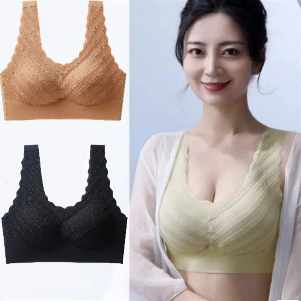 Women Sexy Seamless Lace Bra Breathable Underwear Ladies Brassiere Vest Female Gathers Shock-Proof Wireless Top Chest Bras
