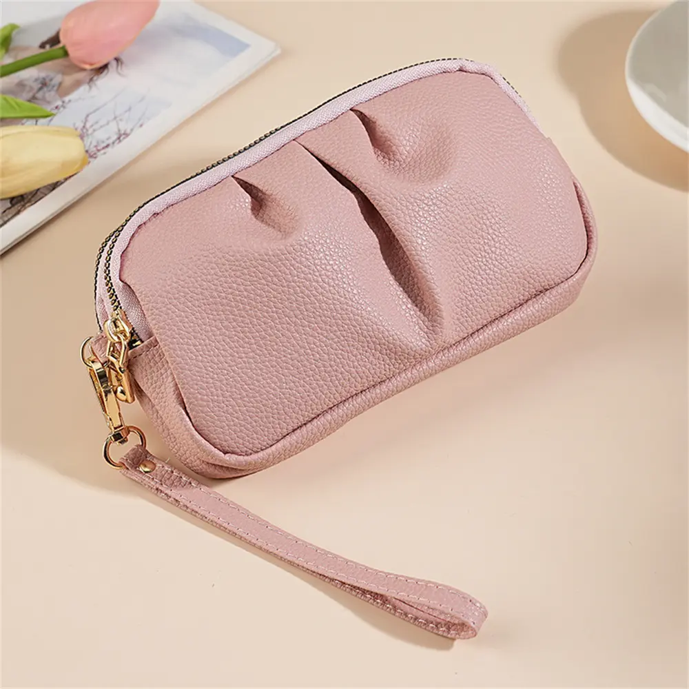 Coin Purse Pu Leather Clutch Bag Wrist Storage Bag Lanyard Double Zipper Purse For Shopping Gift Evening Events