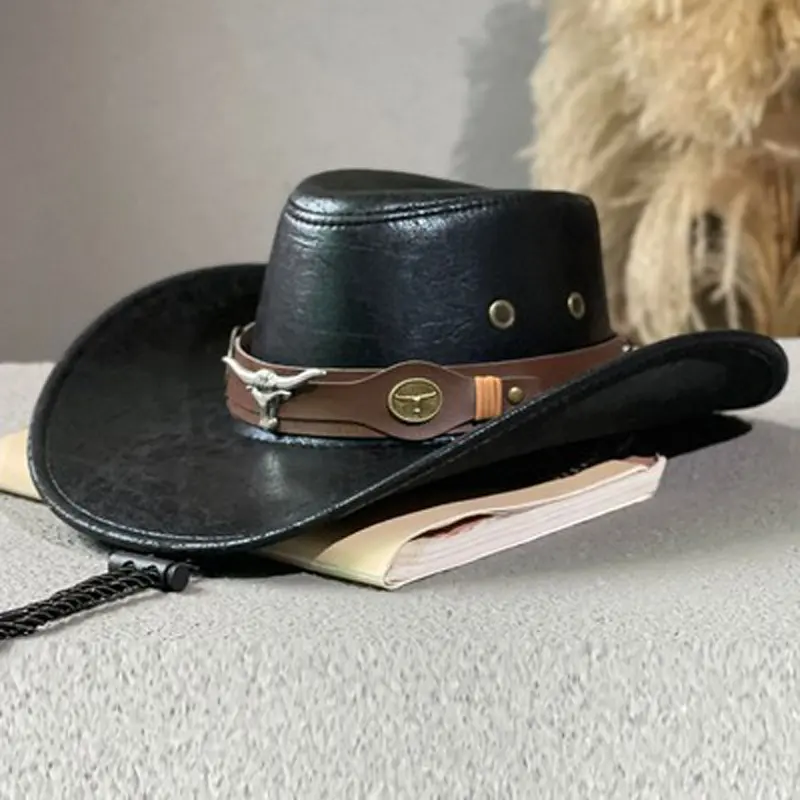Rivet Hat Western  Ox Head Belt Cowboy Hat Faux Leather Fedora Hats For Daily Wear Sun  Western-themed Parties