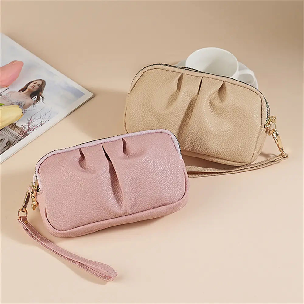 Coin Purse Pu Leather Clutch Bag Wrist Storage Bag Lanyard Double Zipper Purse For Shopping Gift Evening Events