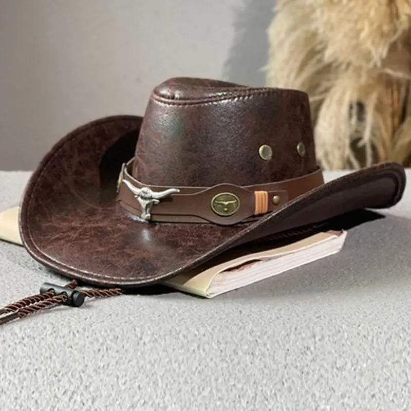 Rivet Hat Western  Ox Head Belt Cowboy Hat Faux Leather Fedora Hats For Daily Wear Sun  Western-themed Parties