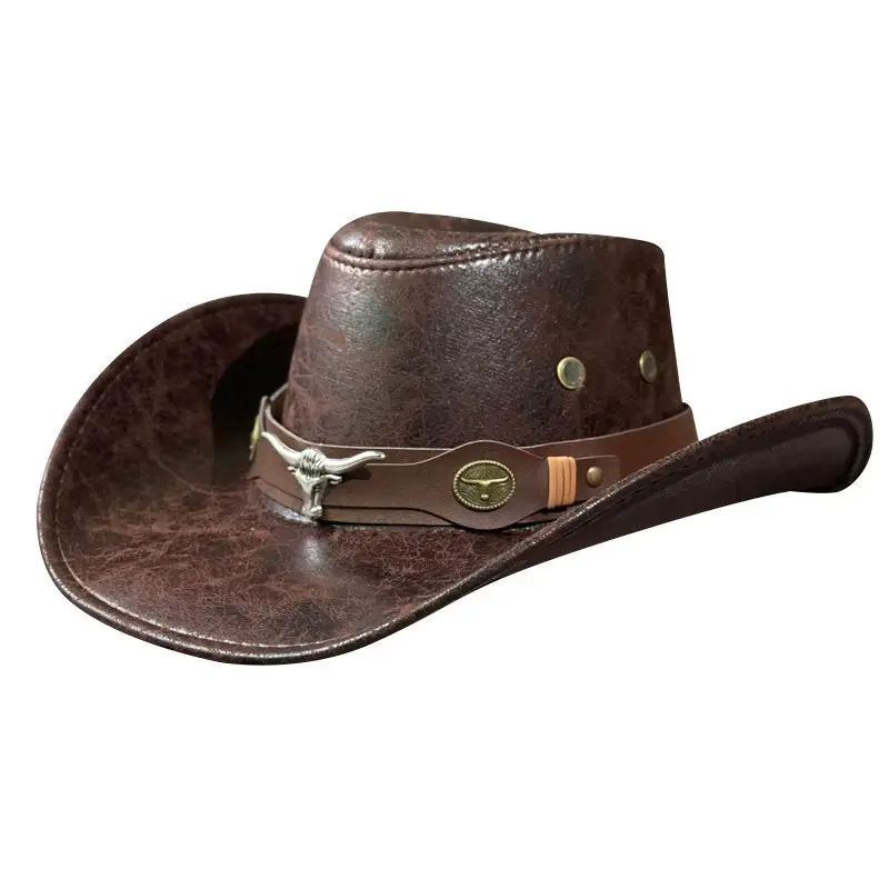 Rivet Hat Western  Ox Head Belt Cowboy Hat Faux Leather Fedora Hats For Daily Wear Sun  Western-themed Parties
