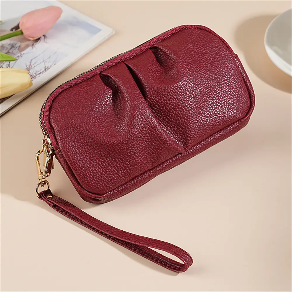 Coin Purse Pu Leather Clutch Bag Wrist Storage Bag Lanyard Double Zipper Purse For Shopping Gift Evening Events