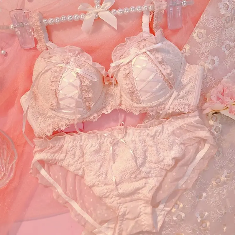 Japanese Lolita Bra Lingerie Women Sexy Lace Bra Panties Set Adjustable Strap Push Up Elastic Underwear