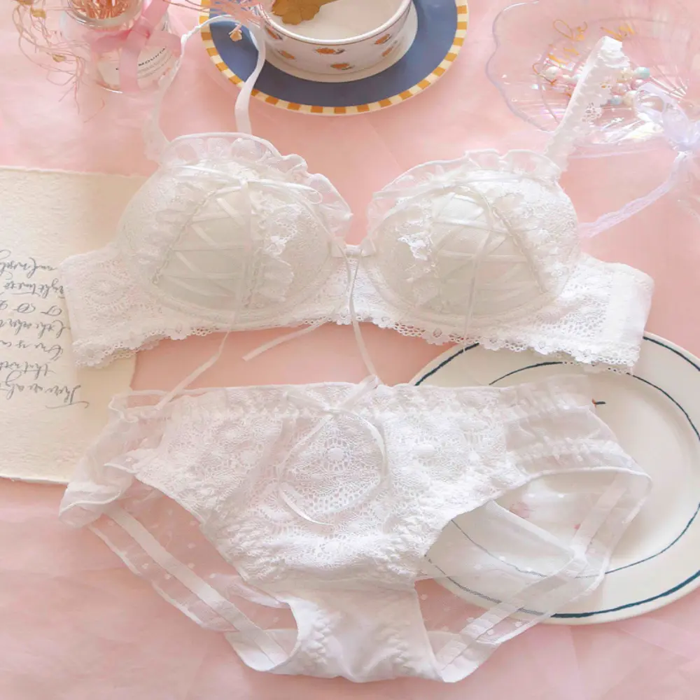 Japanese Lolita Bra Lingerie Women Sexy Lace Bra Panties Set Adjustable Strap Push Up Elastic Underwear