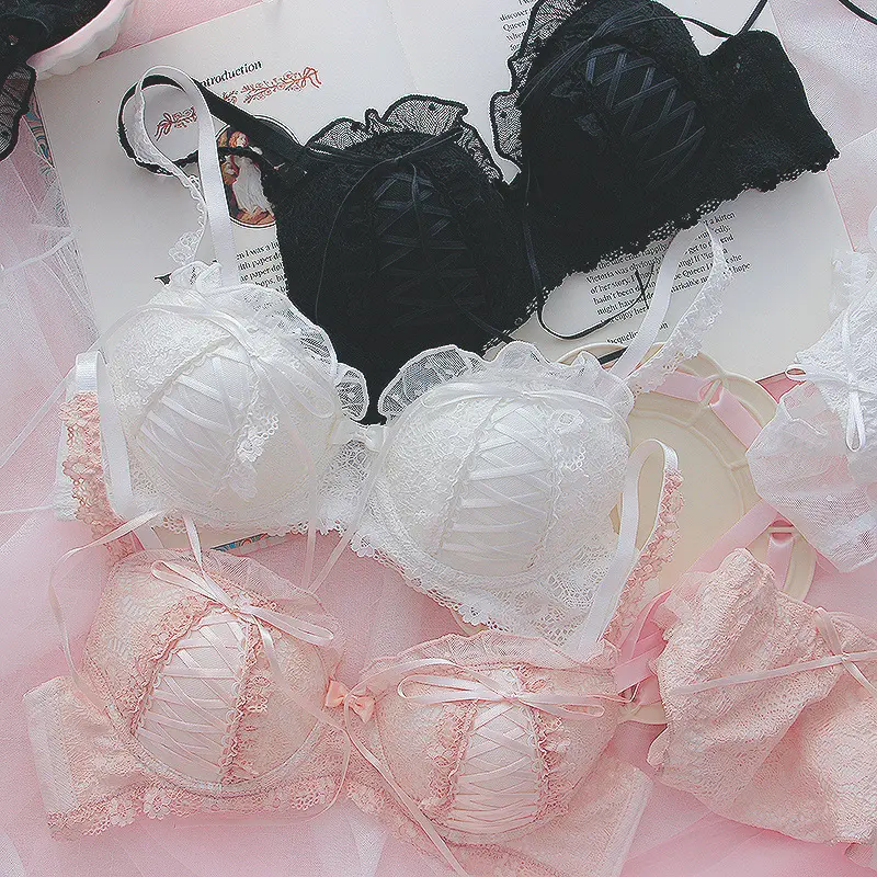 Japanese Lolita Bra Lingerie Women Sexy Lace Bra Panties Set Adjustable Strap Push Up Elastic Underwear