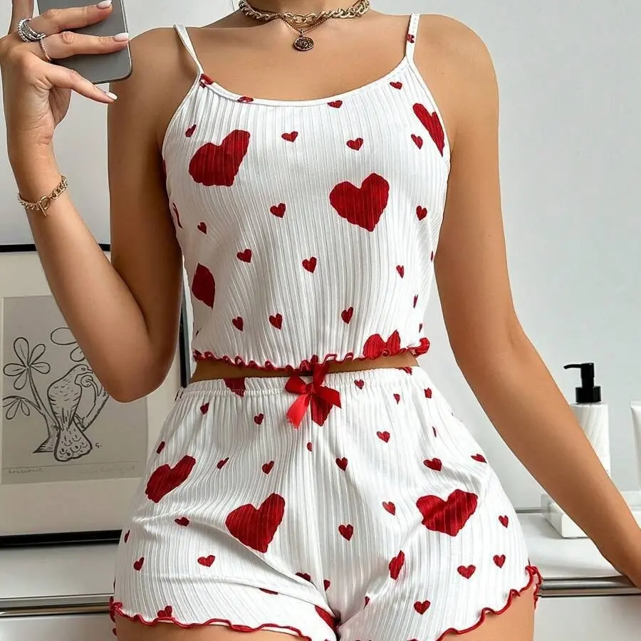 2025 New Women Summer Pajamas Heart Print Round Neck Backless Crop suspenders Top and Shorts Pajamas Set Women's Home Wear