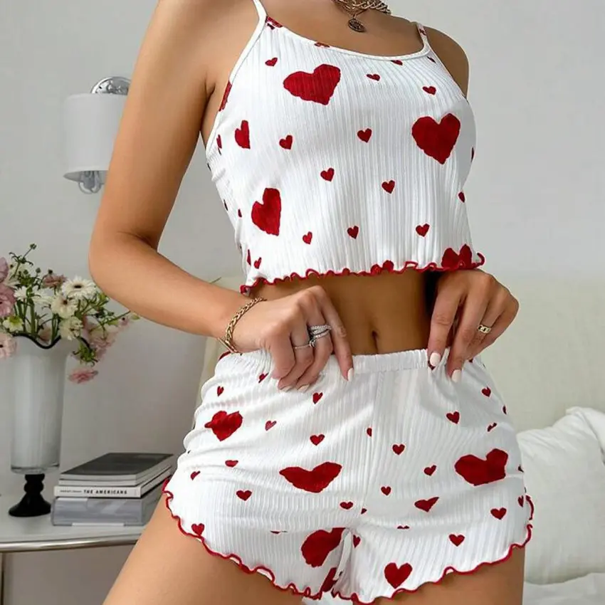 2025 New Women Summer Pajamas Heart Print Round Neck Backless Crop suspenders Top and Shorts Pajamas Set Women's Home Wear