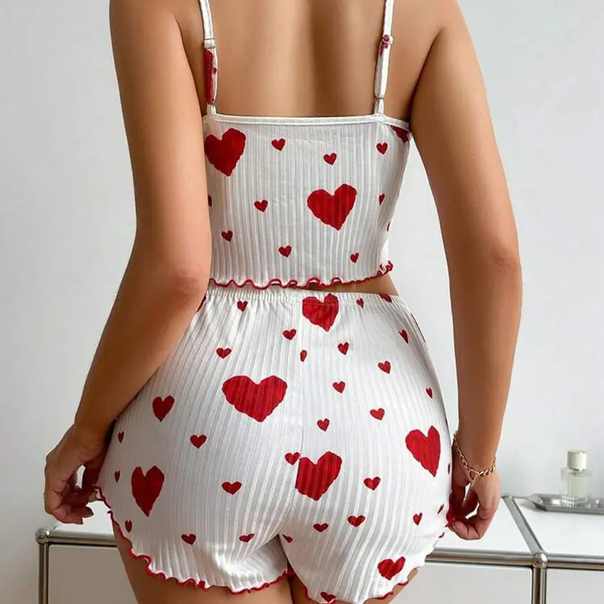 2025 New Women Summer Pajamas Heart Print Round Neck Backless Crop suspenders Top and Shorts Pajamas Set Women's Home Wear