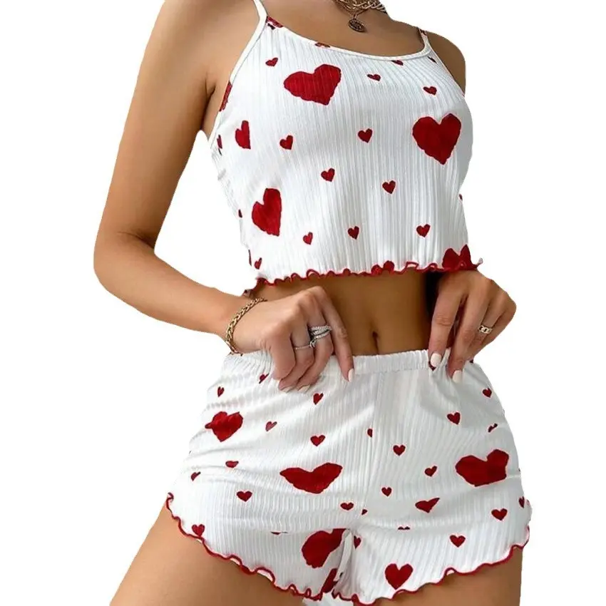 2025 New Women Summer Pajamas Heart Print Round Neck Backless Crop suspenders Top and Shorts Pajamas Set Women's Home Wear