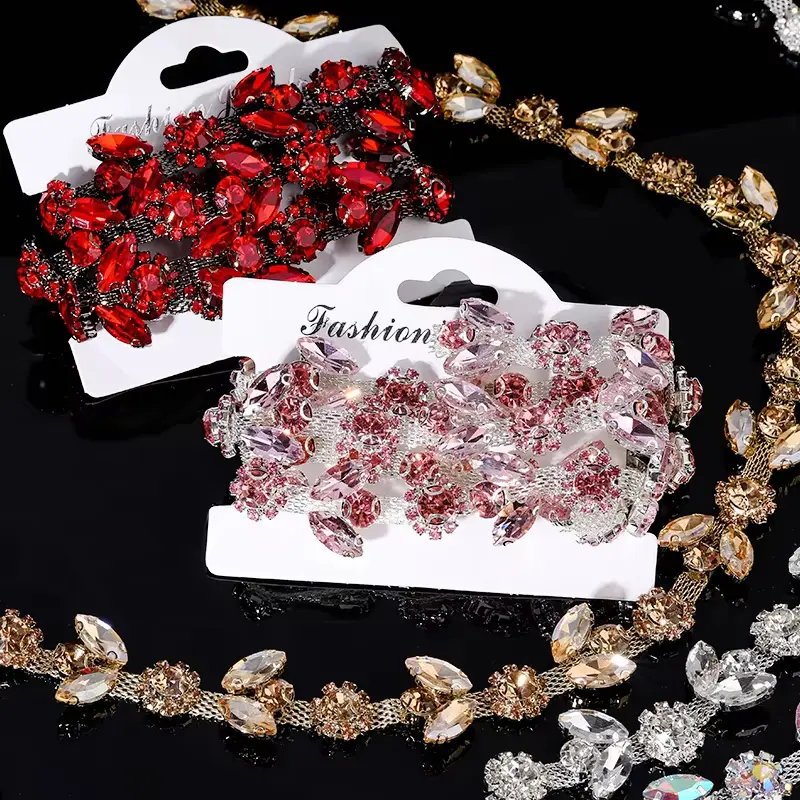 1Yard/pack Glitter Glass Crystal Chain Motif Rhinestone Trimming Flatback Sew-on rhinestone Garment Decorative Chain