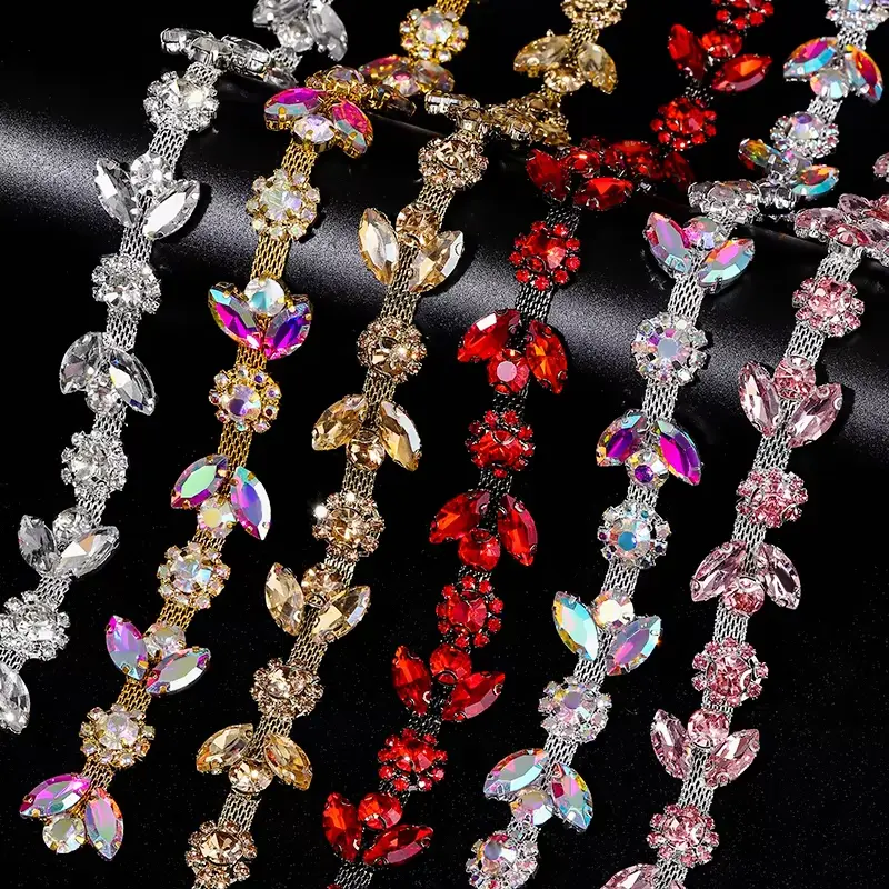 1Yard/pack Glitter Glass Crystal Chain Motif Rhinestone Trimming Flatback Sew-on rhinestone Garment Decorative Chain