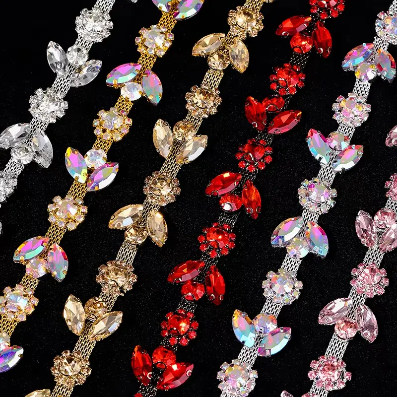 1Yard/pack Glitter Glass Crystal Chain Motif Rhinestone Trimming Flatback Sew-on rhinestone Garment Decorative Chain