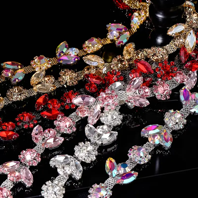 1Yard/pack Glitter Glass Crystal Chain Motif Rhinestone Trimming Flatback Sew-on rhinestone Garment Decorative Chain