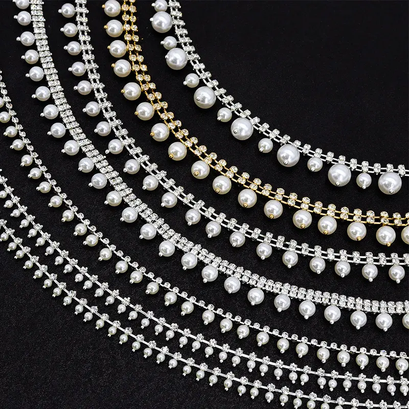 Rhinestone Chain with Artificial Pearl Pendant Fancy Silver Gold Base Claw Sew On Clothes Strass Crystal Rhinestone Garment DIY