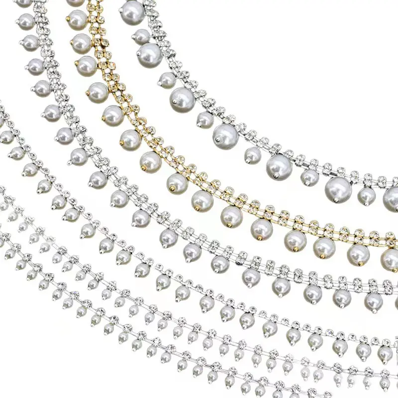 Rhinestone Chain with Artificial Pearl Pendant Fancy Silver Gold Base Claw Sew On Clothes Strass Crystal Rhinestone Garment DIY