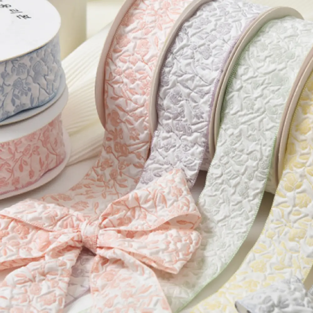 2.5cm /4cm 10 Yards Embossed Floral Ribbon Small Flowers Pattern Baking Ribbons DIY Flower Bouquet Birthday Gift Wrap Ribbon
