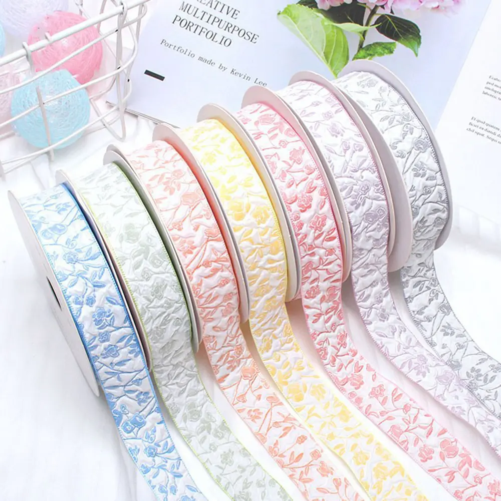 2.5cm /4cm 10 Yards Embossed Floral Ribbon Small Flowers Pattern Baking Ribbons DIY Flower Bouquet Birthday Gift Wrap Ribbon