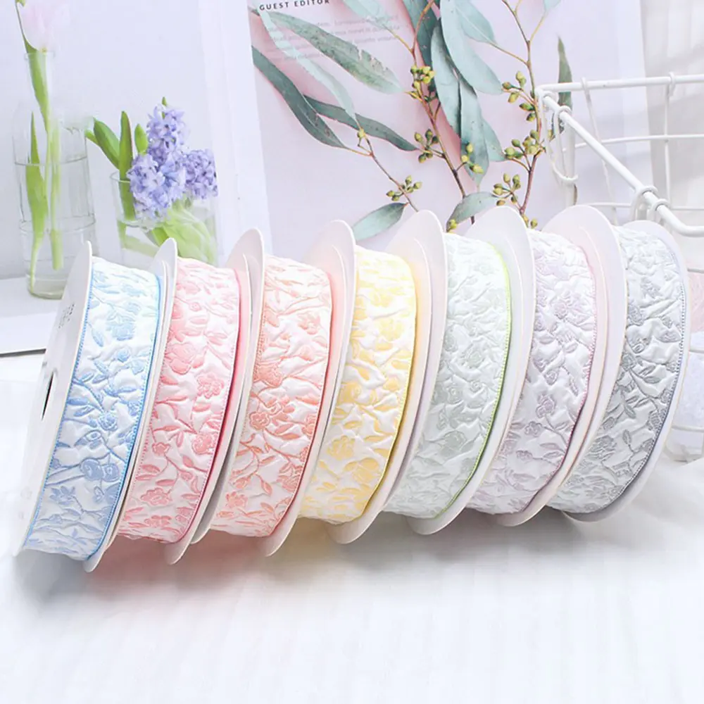 2.5cm /4cm 10 Yards Embossed Floral Ribbon Small Flowers Pattern Baking Ribbons DIY Flower Bouquet Birthday Gift Wrap Ribbon