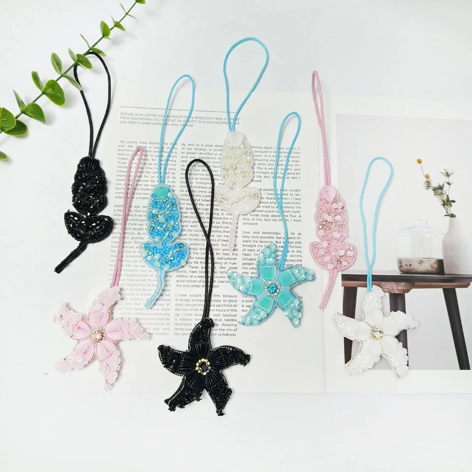 3D Handmade Rhinestone Beaded Starfish Flower Patch Maple Leaf Cloth Sticker Bag Charm Clothing Accessories Crystal Pendant