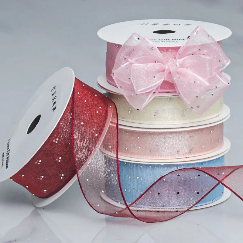 Hot Drilling Yarn Ribbon 4cm Wide Silver Dots Organza Gauze Ribbon Ribbon 10 Yards For Party Decoration Gift Wrapping Wedding