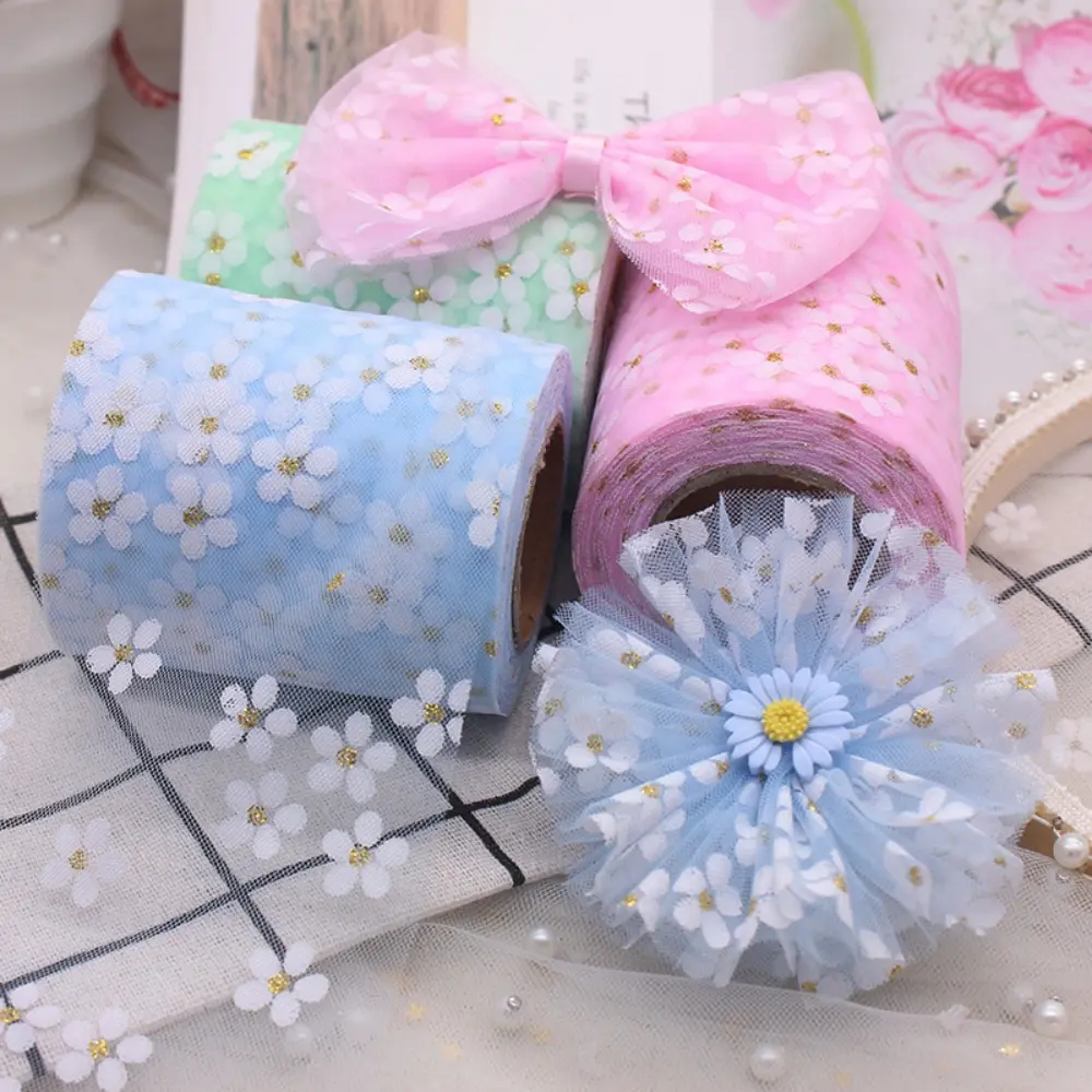 Plum Bossom Ribbon Roll Flower Printing Mesh Fabric DIY Handmade Craft Hair Ornament Gift Wrapping Sewing Clothes 6cm 25Yards