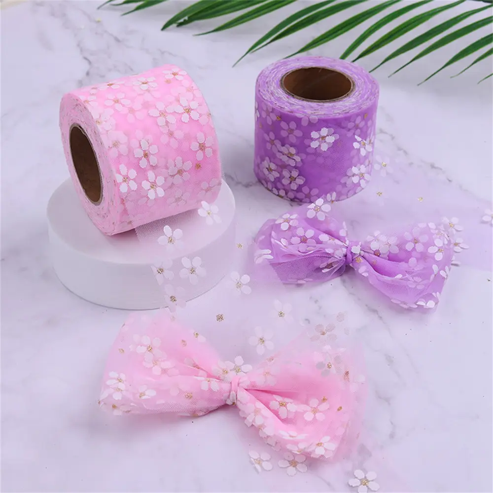 Plum Bossom Ribbon Roll Flower Printing Mesh Fabric DIY Handmade Craft Hair Ornament Gift Wrapping Sewing Clothes 6cm 25Yards