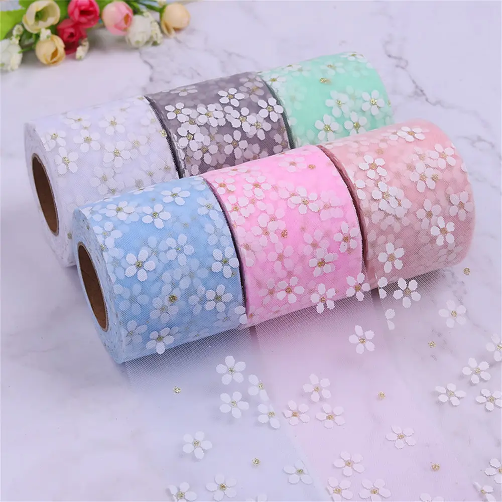 Plum Bossom Ribbon Roll Flower Printing Mesh Fabric DIY Handmade Craft Hair Ornament Gift Wrapping Sewing Clothes 6cm 25Yards