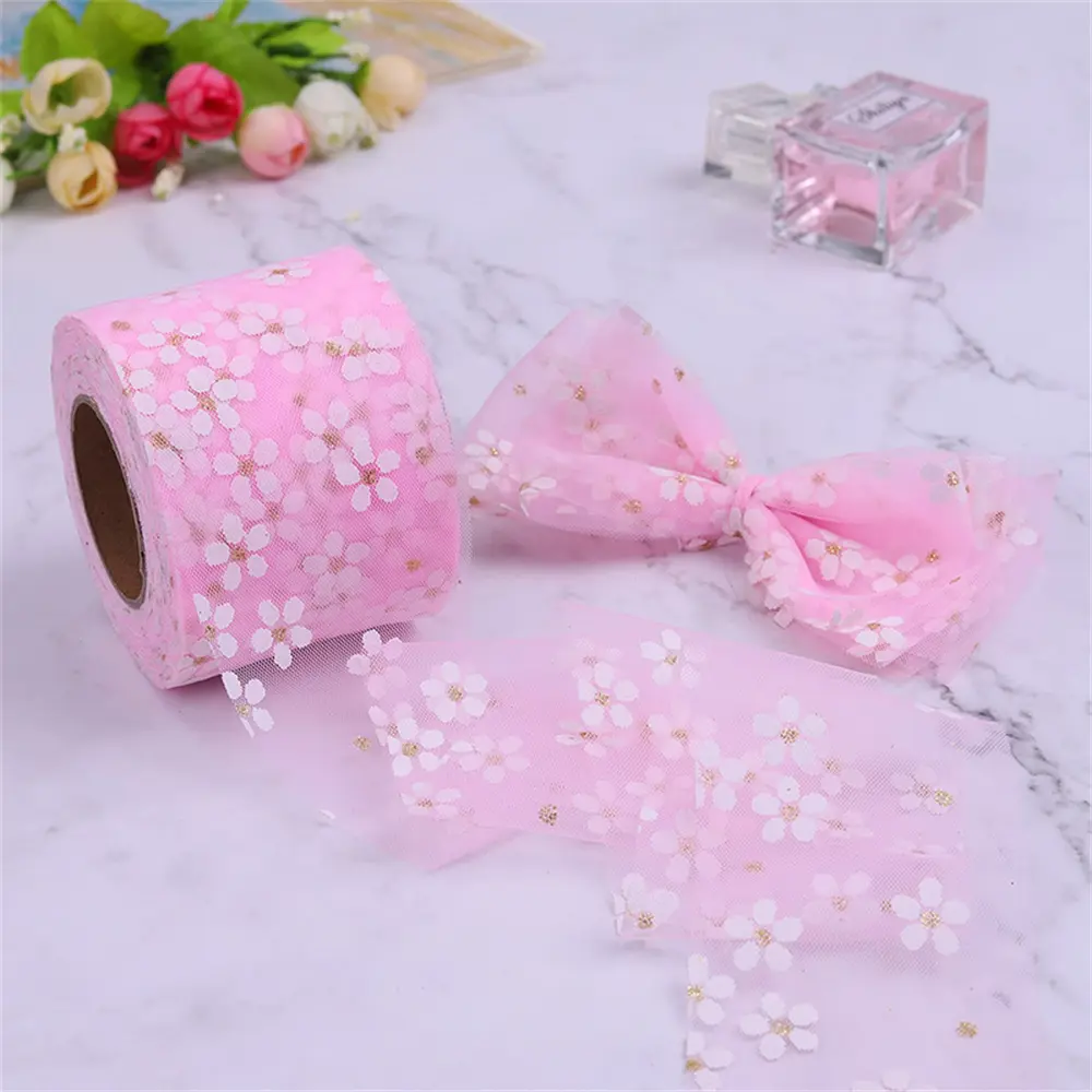 Plum Bossom Ribbon Roll Flower Printing Mesh Fabric DIY Handmade Craft Hair Ornament Gift Wrapping Sewing Clothes 6cm 25Yards