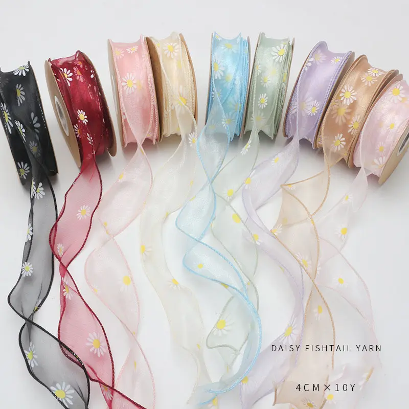9M 4CM Daisy Pattern Fishtail Yarn Ribbon For DIY Bow Hair Ornament Bouquet Gift Wrapping Material Wave Silk Ribbons Party Decor