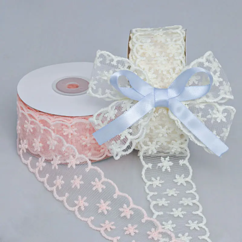 10yards 35mm Lace Embroidery Ribbon Flower Printing Mesh Ribbon For Handmade DIY Clothing Bow Gift Wrapping Decoration