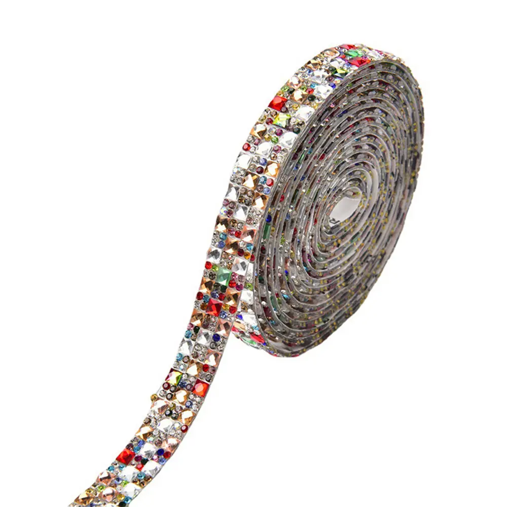 4mm Triple Row Self Adhesive Square Crystal Rhinestone Ribbon DIY Glitter Car Home Decoration Gifts Wedding Trim Sticker