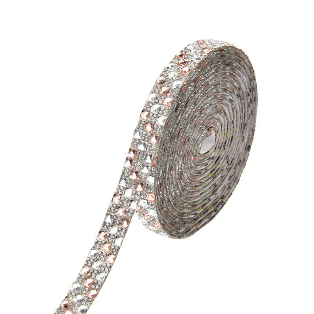4mm Triple Row Self Adhesive Square Crystal Rhinestone Ribbon DIY Glitter Car Home Decoration Gifts Wedding Trim Sticker